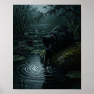 Black Cat Dipping Paw in Dark Water Lily Pond Myst Poster