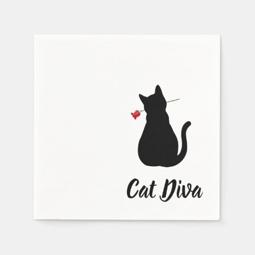 Black Cat Diva Silhouette Red Rose Pet Lover Napkins