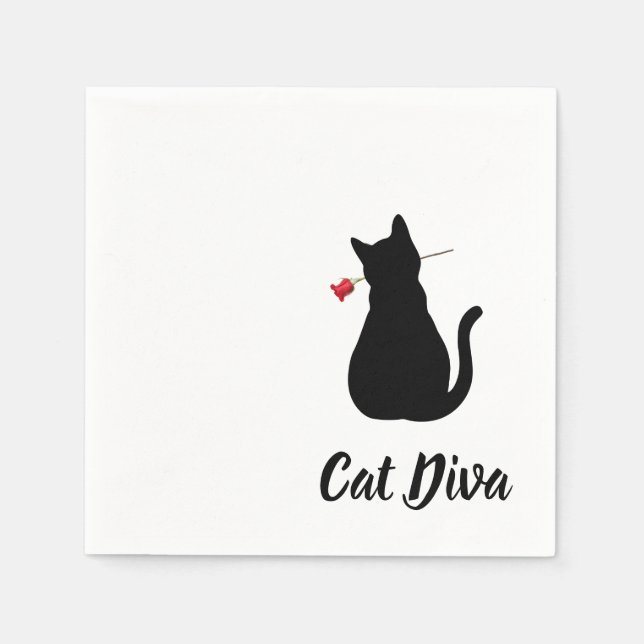 Black Cat Diva Silhouette Red Rose Pet Lover Napkins (Front)