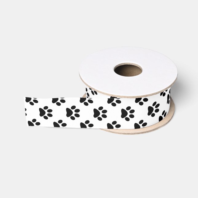 Black Cat/Dog/Animal Paw Prints on White Grosgrain Ribbon (Spool)
