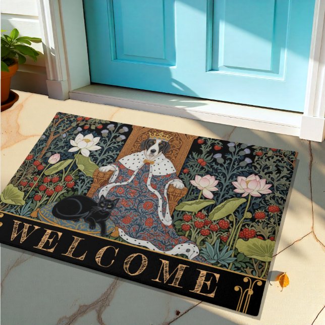 Black Cat & Dog King, Thistle, Strawberry Floral Doormat (Creator Uploaded)