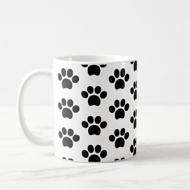 Black cat dog paw print cute on white coffee mug (Left)