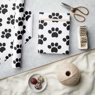 Black cat dog paw print cute on white wrapping paper