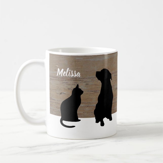 Black Cat dog silhouettes on wood personalized Coffee Mug (Left)