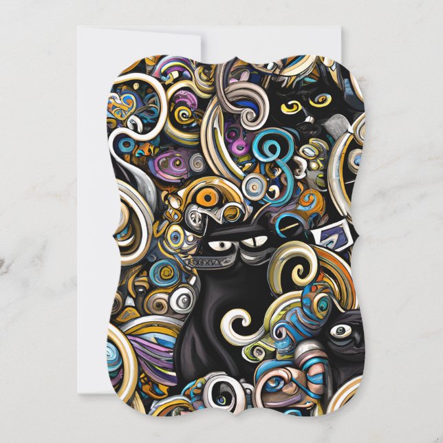 Black Cat Doodle Art Whimsical Magical Seamless Pa Note Card (Front)
