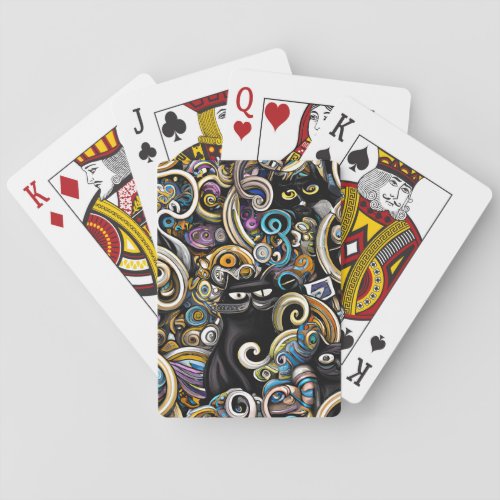 Black Cat Doodle Art Whimsical Magical Seamless Pa Poker Cards