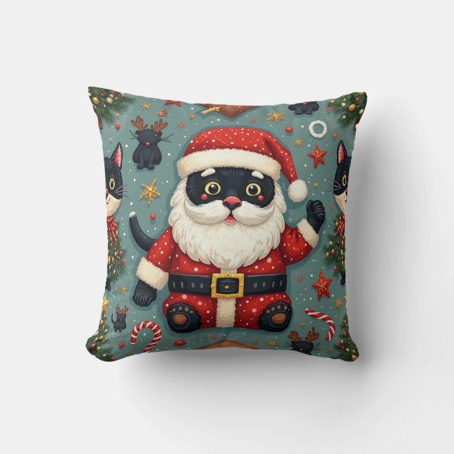 black cat dressed as santa throw pillow (Front)