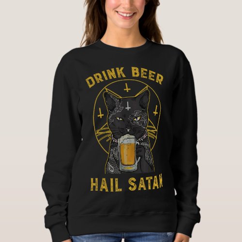 Black Cat Drink Beer Hail Satan Spooky Vintage Sweatshirt