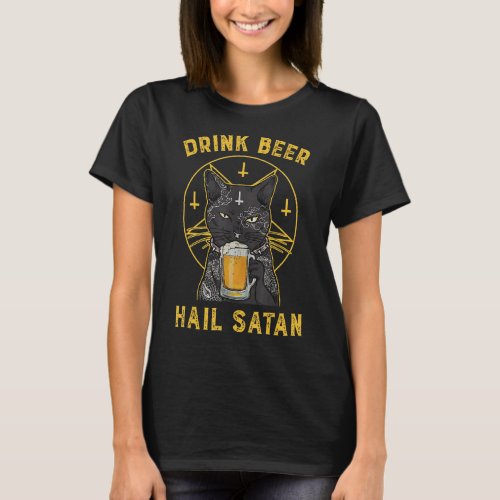 Black Cat Drink Beer Hail Satan Spooky Vintage T_Shirt