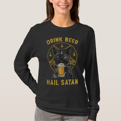Black Cat Drink Beer Hail Satan Spooky Vintage T_Shirt