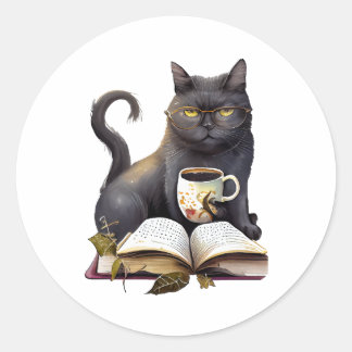 black Cat drink coffee and reading book Classic Round Sticker