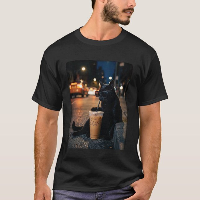 Black Cat Drinking Iced Coffee Funny Animal Meme C T-Shirt (Front)