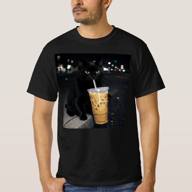Black Cat Drinking Iced Coffee  T-Shirt (Front)