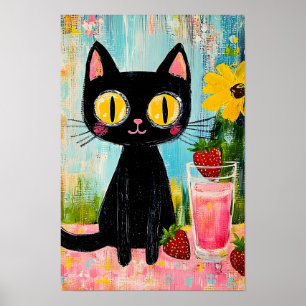 Black Cat Drinking Strawberry Juice Poster