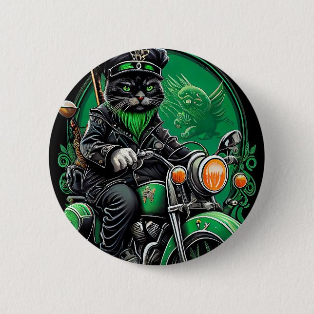 Black Cat driving bike St. Patrick's Day Button (Front)