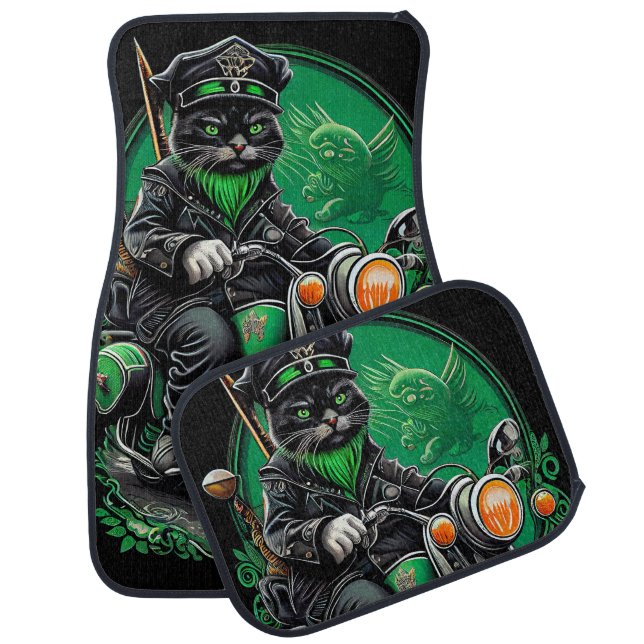 Black Cat driving bike St. Patrick's Day Car Floor Mat (Set)
