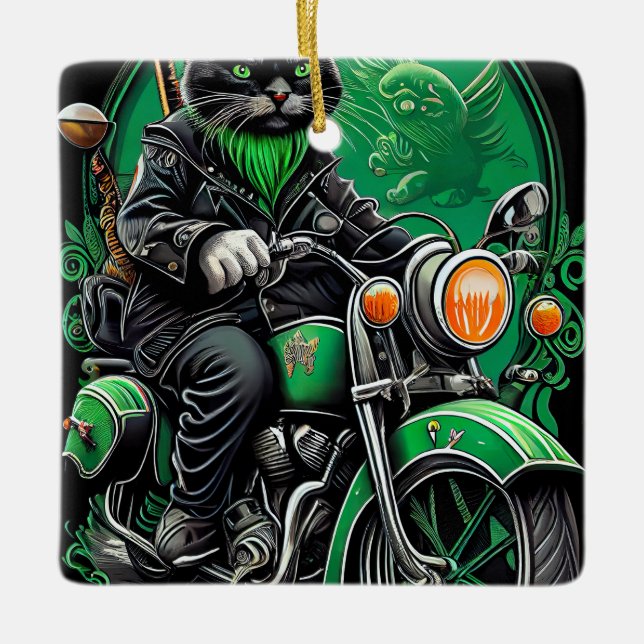 Black Cat driving bike St. Patrick's Day Ceramic Ornament (Front)