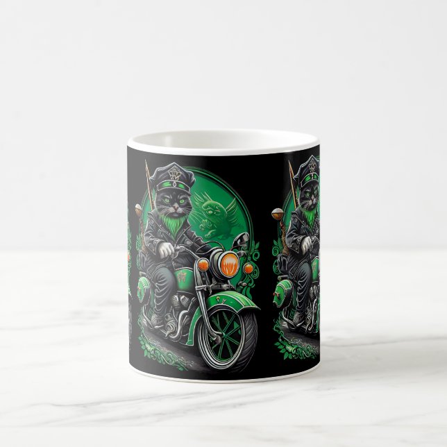 Black Cat driving bike St. Patrick's Day Coffee Mug (Center)