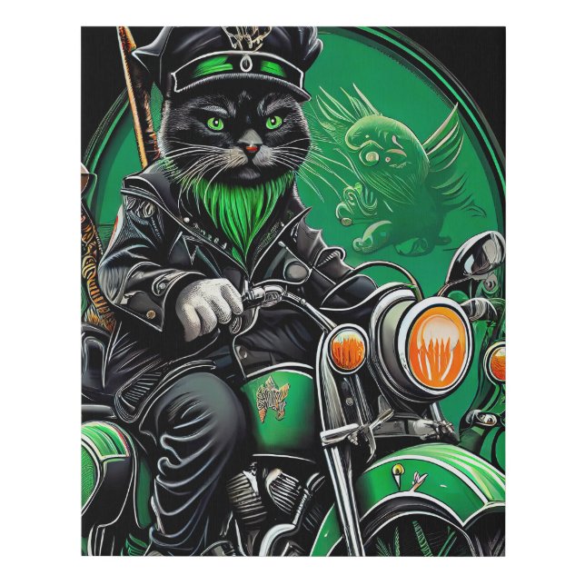 Black Cat driving bike St. Patrick's Day Faux Canvas Print (Front)