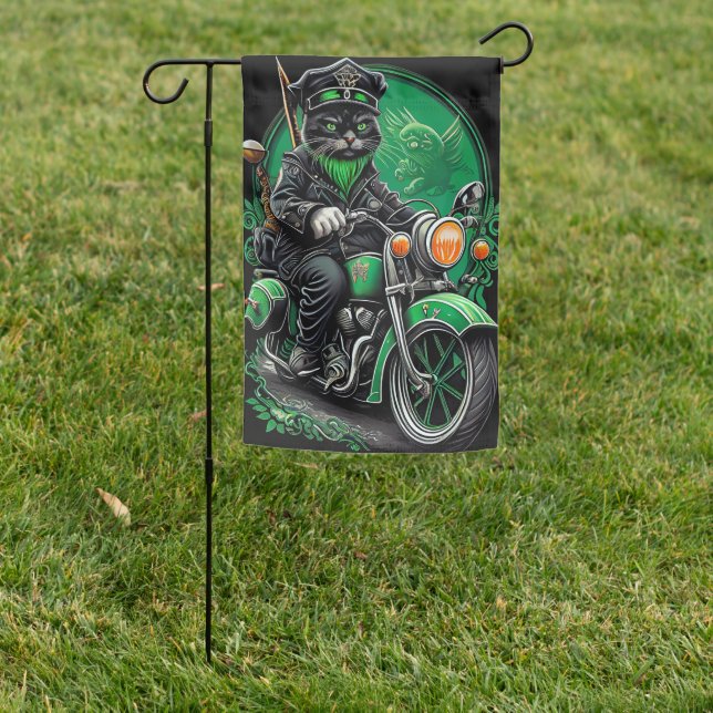 Black Cat driving bike St. Patrick's Day Garden Flag (In SItu)