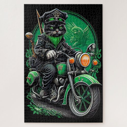 Black Cat driving bike St Patricks Day Jigsaw Puzzle