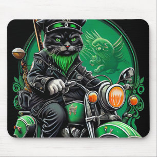 Black Cat driving bike St. Patrick's Day Mouse Pad