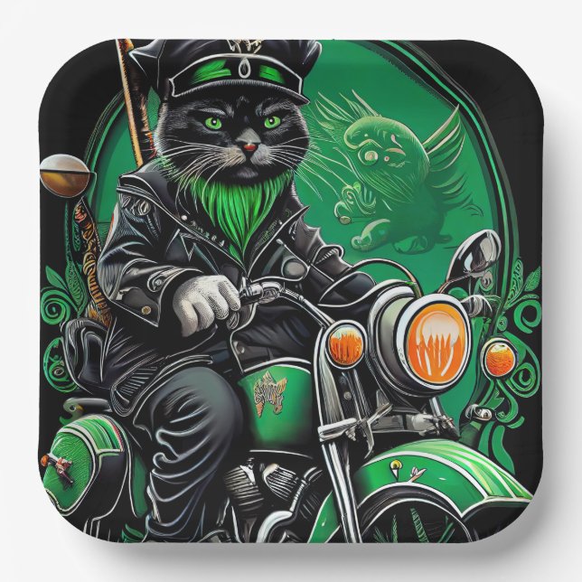 Black Cat driving bike St. Patrick's Day Paper Plates (Front)