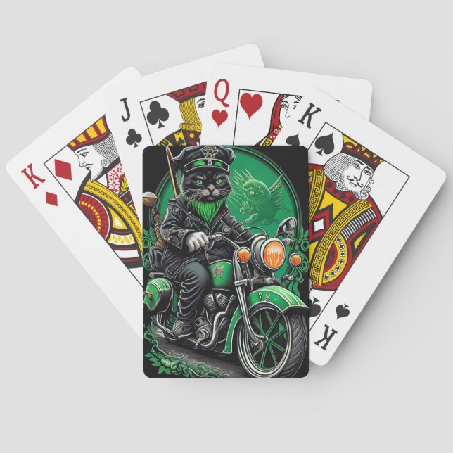 Black Cat driving bike St. Patrick's Day Poker Cards (Back)