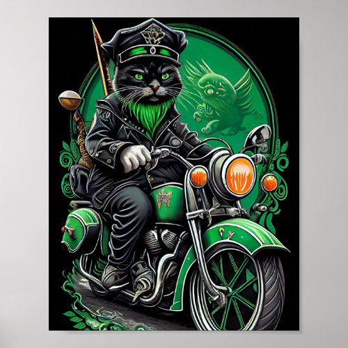 Black Cat driving bike St Patricks Day Poster