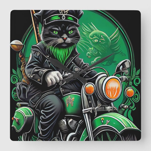 Black Cat driving bike St. Patrick's Day Square Wall Clock (Front)