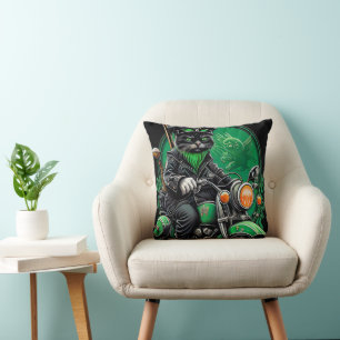 Black Cat driving bike St. Patrick's Day Throw Pillow