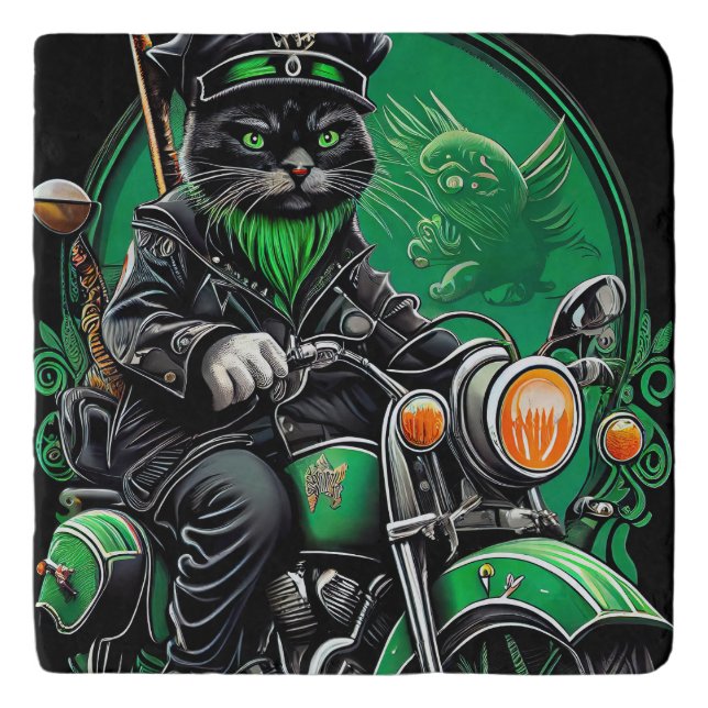 Black Cat driving bike St. Patrick's Day Trivet (Front)