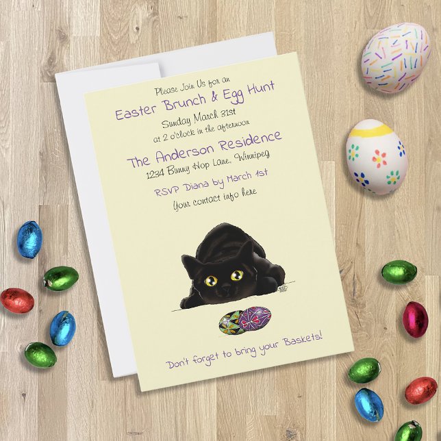 Black Cat Easter Eggs Hunt Holiday Yellow Invitation (Creator Uploaded)