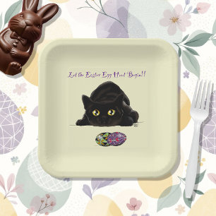 Black Cat Easter Eggs Hunt Holiday Yellow Paper Plates