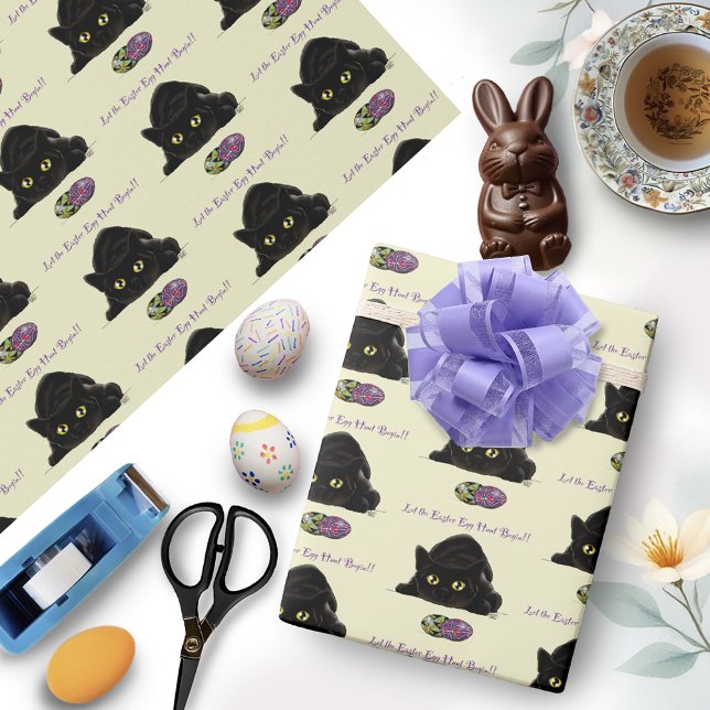 Black Cat Easter Eggs Hunt Holiday Yellow Wrapping Paper (Creator Uploaded)
