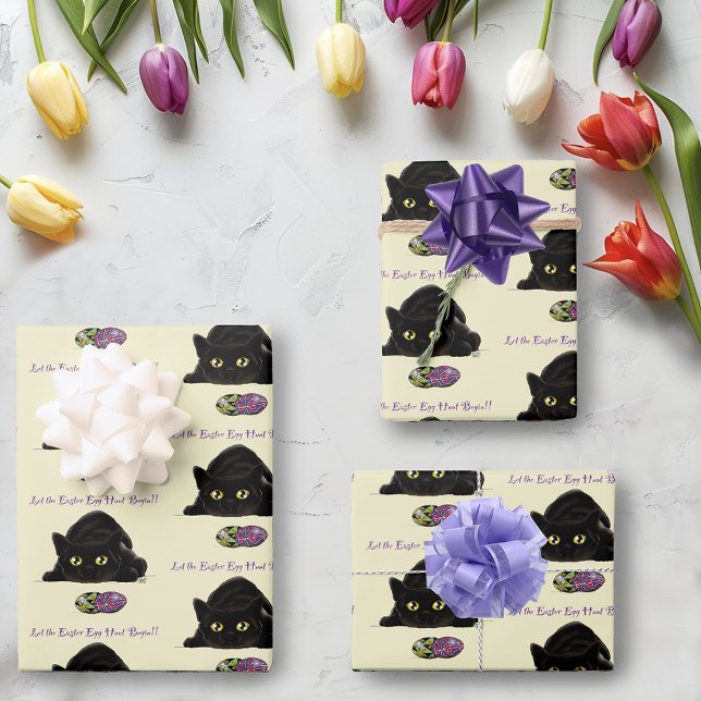 Black Cat Easter Eggs Hunt Holiday Yellow Wrapping Paper Sheets (Creator Uploaded)