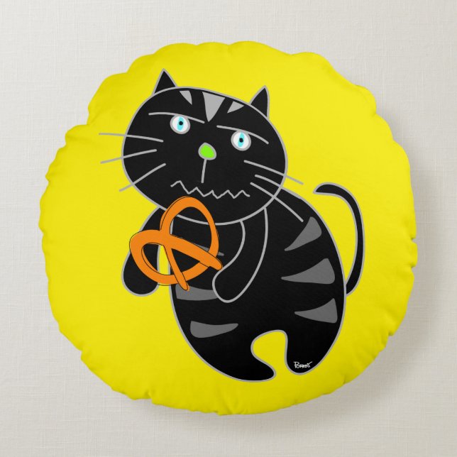 Black Cat Eat Pretzel Pillow Yellow Green (Front)