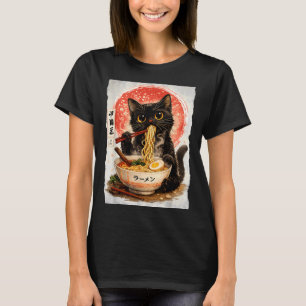 Black Cat Eating Ramen Cute Kawaii Anime Cat T-Shirt