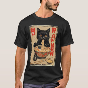 Black Cat Eating Ramen Japanese Noodles Food Poste T-Shirt