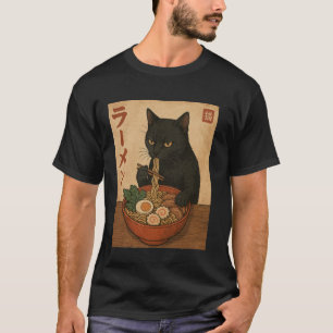 Black Cat Eating Ramen Japanese Style Funny Retro T-Shirt