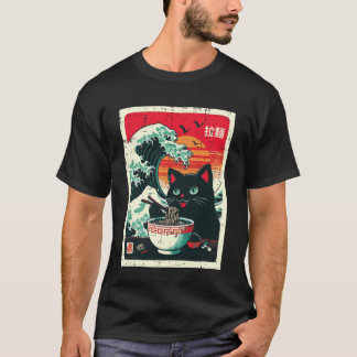 Black Cat Eating Ramen Japanese Wave Noodle Women  T-Shirt