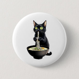 Black Cat Eating Ramen Noodles Japanese Food Button