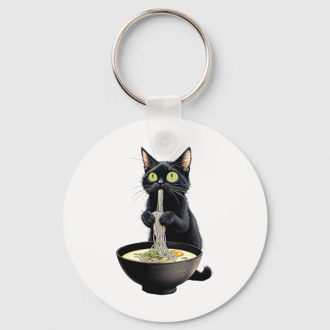 Black Cat Eating Ramen Noodles Japanese Food  Keychain (Front)