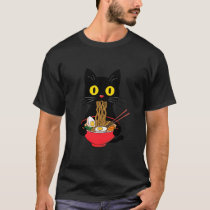 Black Cat Eating Ramen Noodles Kawaii Anime Japane T-Shirt