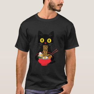Black Cat Eating Ramen Noodles Kawaii Anime Japane T-Shirt