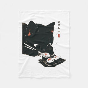 Black Cat Eating Sushi - Cat Japanese Art Fleece Blanket