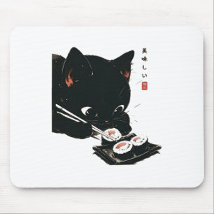 Black Cat Eating Sushi - Cat Japanese Art Mouse Pad