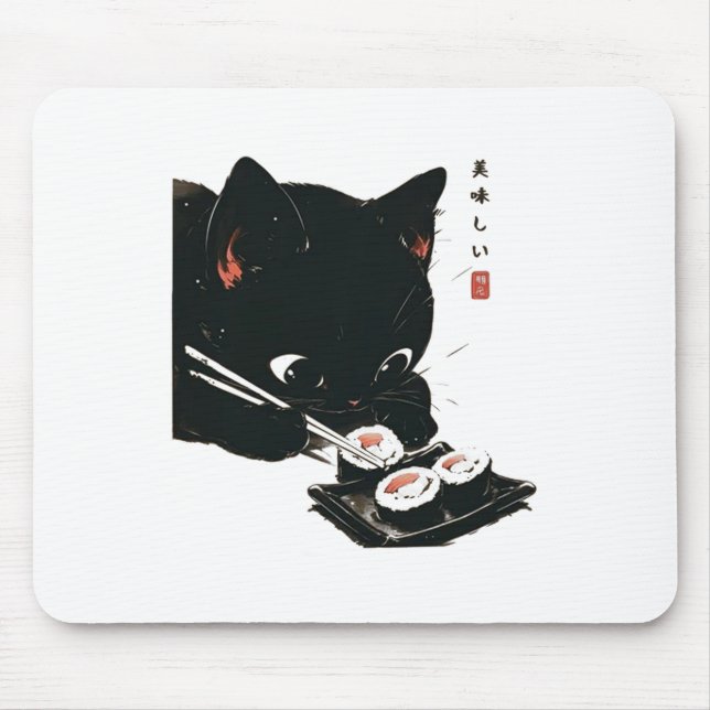 Black Cat Eating Sushi - Cat Japanese Art  Mouse Pad (Front)