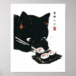 Black Cat Eating Sushi - Cat Japanese Art  Poster