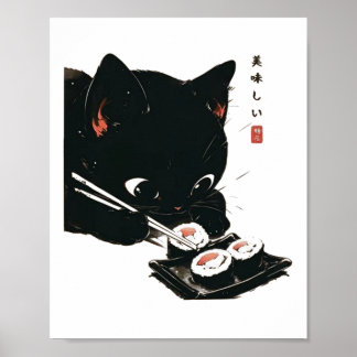 Black Cat Eating Sushi - Cat Japanese Art Poster